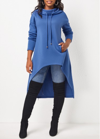 Dusty Blue tops,Plain Color tops,ROTITA Pocket Dusty Blue Long Sleeve Hoodie