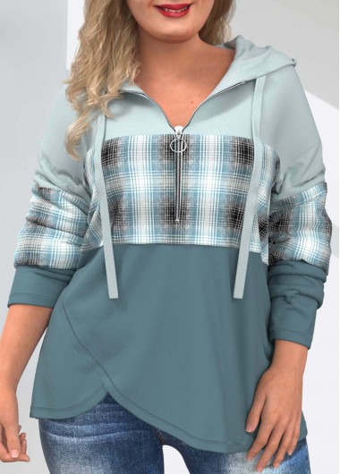 Multi Color plus size,Plaid plus size,ROTITA Multi Color Drawstring Plus Size Tartan Print Hoodie