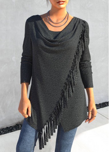 Black tops,Plain Color tops,ROTITA Asymmetry Black Draped Neck Long Sleeve T Shirt