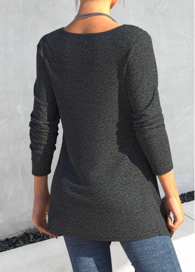 Black tops,Plain Color tops,ROTITA Asymmetry Black Draped Neck Long Sleeve T Shirt