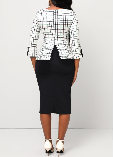 Black dresses,Plaid dresses,ROTITA Grid Print Black Faux Two Piece Dress