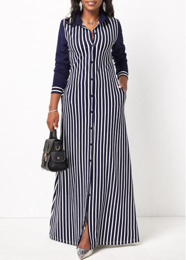 White dresses,Striped dresses,ROTITA Long Sleeve White Pocket Striped Maxi Dress