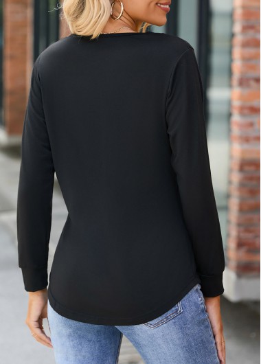 Black tops,Plain Color tops,Button Black V Neck Long Sleeve T Shirt