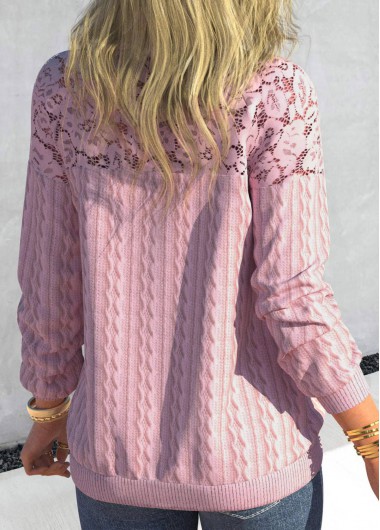 Pink tops,Plain Color tops,ROTITA Lace Patchwork Pink Round Neck Long Sleeve Sweatshirt