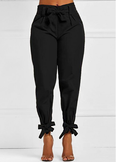 Black bottoms,Plain Color bottoms,ROTITA Belted Elastic Mid Waisted Black Pants
