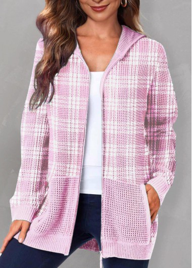 Pink tops,Plaid tops,ROTITA Tartan Print Zipper Closure Pink Hoodie