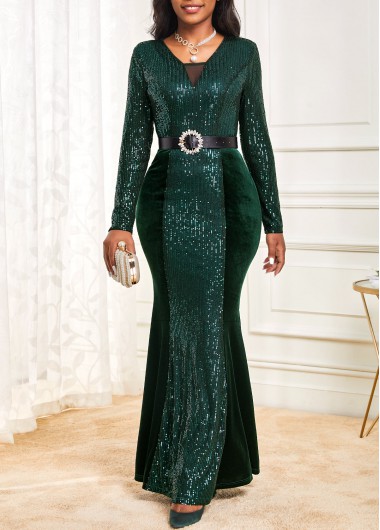 Blackish Green dresses,Plain Color dresses,ROTITA Sequin Blackish Green Square Neck Maxi Dress