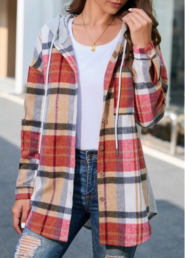 Multi Color outerwear & coats,Plaid outerwear & coats,Geometric outerwear & coats,ROTITA Button Plaid Multi Color Hooded Long Sleeve Coat