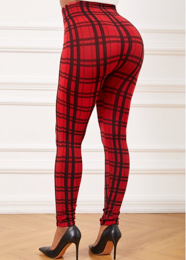 Red bottoms,Plaid bottoms,Plaid Red High Waisted Elastic Waist Leggings
