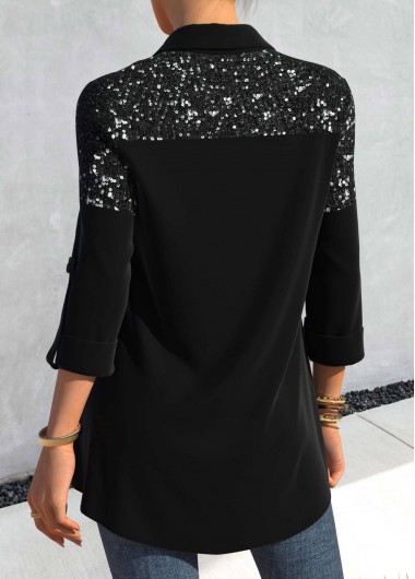 Black tops,Plain Color tops,ROTITA Black Sequin Shirt Collar Roll Tab Sleeve Blouse