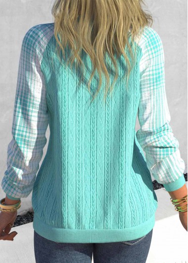 Cyan tops,Plaid tops,Geometric tops,ROTITA Tartan Print Cyan V Neck Long Sleeve Sweatshirt