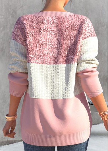 Light Pink tops,Contrast Color tops,ROTITA Contrast Color Light Pink Round Neck Sweatshirt