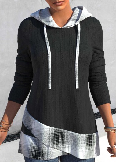 Black tops,Plaid tops,ROTITA Tartan Print Black Long Sleeve Hoodie