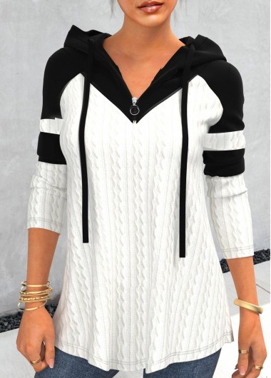 White tops,Contrast Color tops,ROTITA Contrast Color White Long Sleeve Hoodie