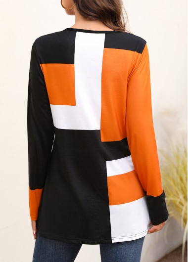 Orange tops,Contrast Color tops,Orange Round Neck Long Sleeve T Shirt