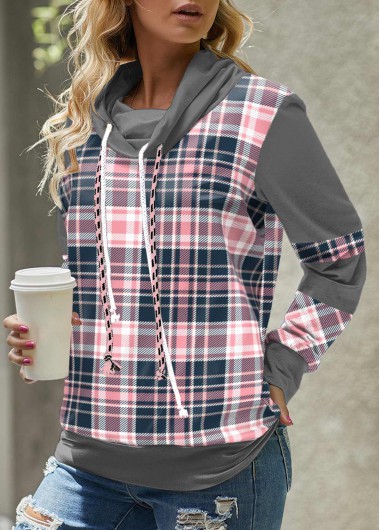Pink tops,Plaid tops,Striped tops,Geometric tops,ROTITA Tartan Print Pink Cowl Neck Long Sleeve Sweatshirt