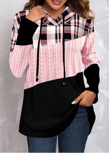 Pink tops,Plaid tops,Geometric tops,ROTITA Tartan Print Pink Long Sleeve Hoodie