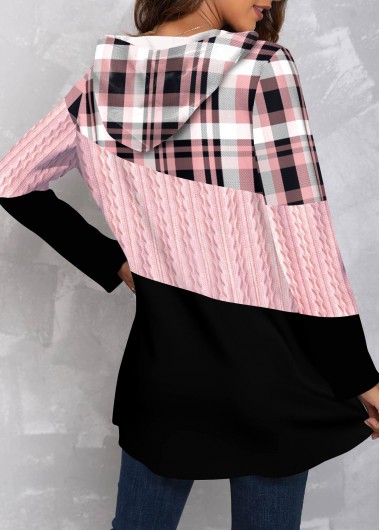 Pink tops,Plaid tops,Geometric tops,ROTITA Tartan Print Pink Long Sleeve Hoodie