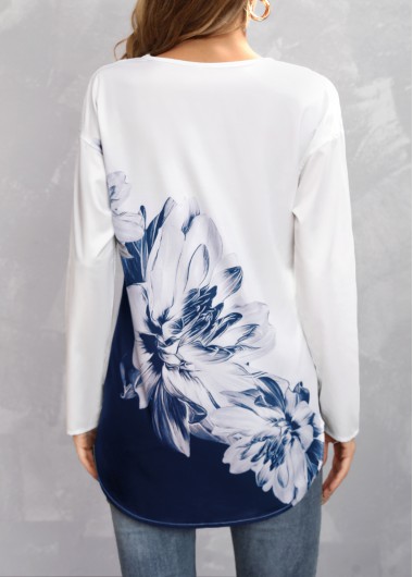 Navy tops,Floral tops,Floral Print Navy V Neck Long Sleeve Blouse
