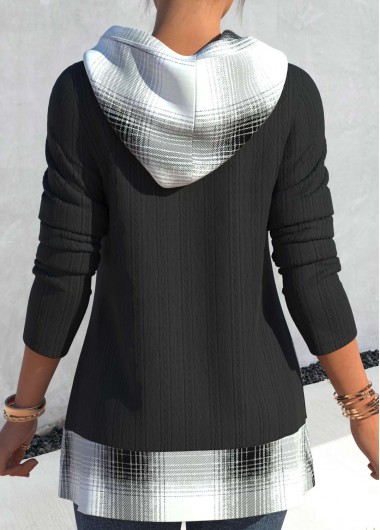 Black plus size,Plaid plus size,ROTITA Plus Size Black Tartan Print Hooded Hoodie