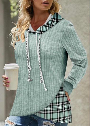 Light Green plus size,Plaid plus size,ROTITA Plus Size Light Green Tartan Print Hooded Hoodie