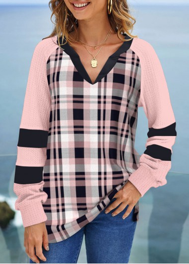 Pink plus size,Plaid plus size,ROTITA Plus Size Pink Tartan Print Split Neck Sweatshirt