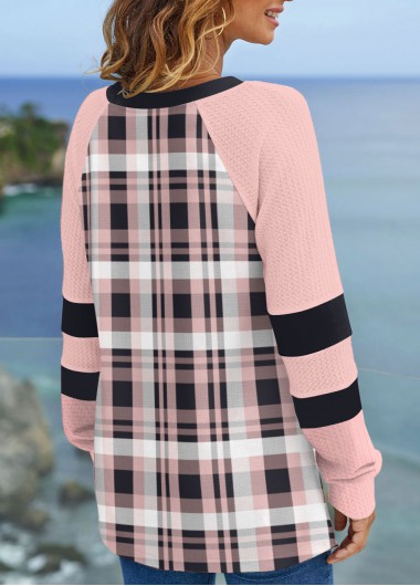 Pink plus size,Plaid plus size,ROTITA Plus Size Pink Tartan Print Split Neck Sweatshirt