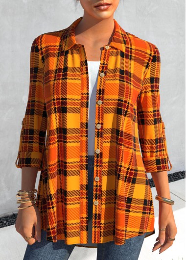Orange plus size,Plaid plus size,ROTITA Plus Size Orange Tartan Print Shirt Collar Blouse