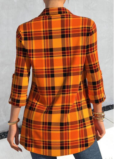 Orange plus size,Plaid plus size,ROTITA Plus Size Orange Tartan Print Shirt Collar Blouse