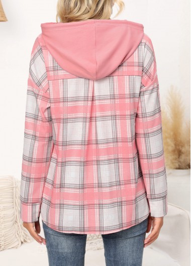 Pink plus size,Plaid plus size,ROTITA Plus Size Pink Tartan Print Hooded Hoodie