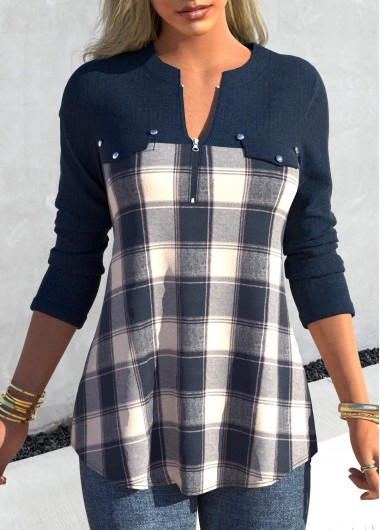 Denim Blue plus size,Plaid plus size,ROTITA Plus Size Denim Blue Tartan Print Blouse