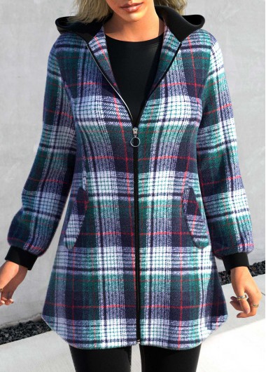 Blackish Green outerwear & coats,Plaid outerwear & coats,Geometric outerwear & coats,ROTITA Blackish Green Zipper Long Sleeve Tartan Jacket