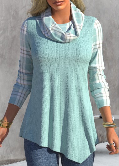 Cyan tops,Plaid tops,ROTITA Asymmetric Hem Tartan Print Cyan Cowl Neck Sweatshirt