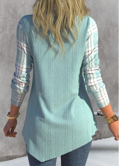 Cyan tops,Plaid tops,ROTITA Asymmetric Hem Tartan Print Cyan Cowl Neck Sweatshirt