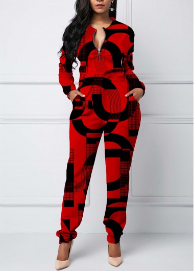 Red jumpsuits & rompers,Letter jumpsuits & rompers,ROTITA Letter Print Red Jogger Double Side Pockets Jumpsuit
