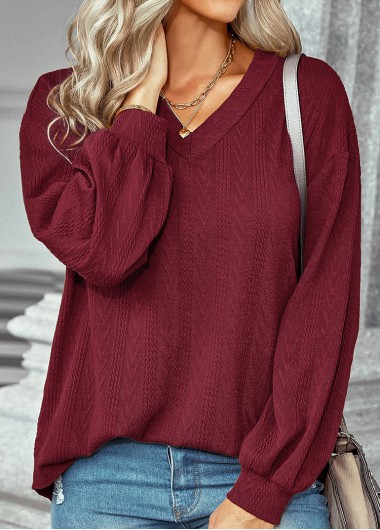 Wine Red tops,Plain Color tops,V Neck Wine Red Long Sleeve Sweatshirt