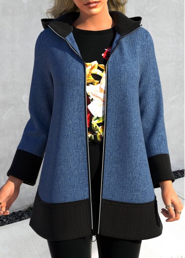 Denim Blue outerwear & coats,Contrast Color outerwear & coats,ROTITA Zipper Denim Blue Long Sleeve Hoodie