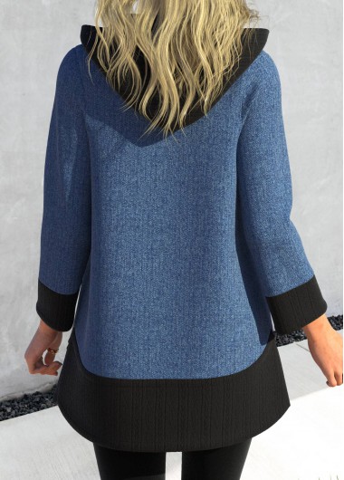Denim Blue outerwear & coats,Contrast Color outerwear & coats,ROTITA Zipper Denim Blue Long Sleeve Hoodie
