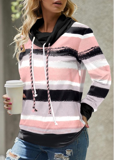 Pink tops,Striped tops,ROTITA Striped Pink Cowl Neck Long Sleeve Sweatshirt