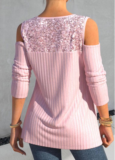 Light Pink tops,Plain Color tops,ROTITA Sequin Light Pink Heart Collar T Shirt