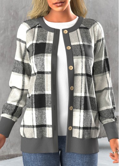 Dark Grey outerwear & coats,Plaid outerwear & coats,ROTITA Button Tartan Print Dark Grey Round Neck Coat