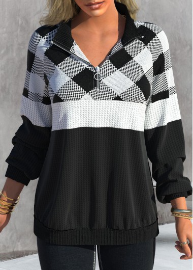 Black tops,Plaid tops,ROTITA Zipper Tartan Print Black Long Sleeve Sweatshirt