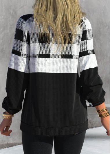 Black tops,Plaid tops,ROTITA Zipper Tartan Print Black Long Sleeve Sweatshirt