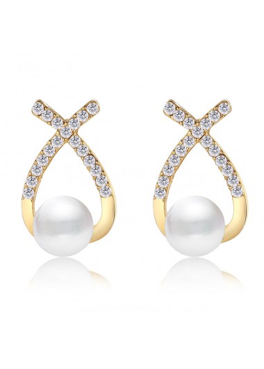 Gold jewelry,Cross Pearl Design Rhinestone Gold Earrings