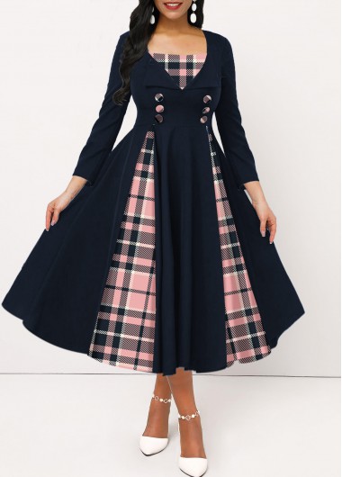 Navy dresses,Plaid dresses,ROTITA Navy Button Insert Tartan Print 3/4 Sleeve Dress
