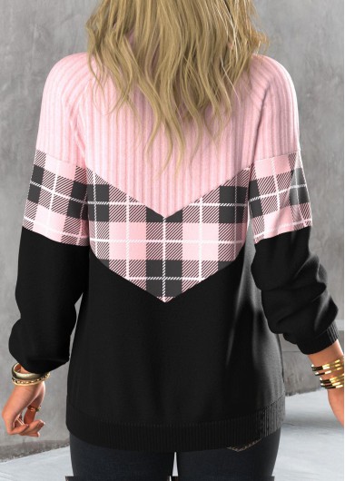 Light Pink tops,Plaid tops,Striped tops,Geometric tops,ROTITA Zipper Tartan Print Light Pink Stand Collar Sweatshirt