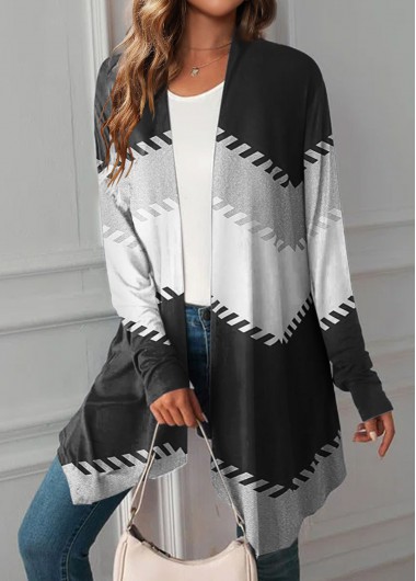 Black plus size,Geometric plus size,ROTITA Plus Size Handkerchief Hem Black Geometric Print Cardigan