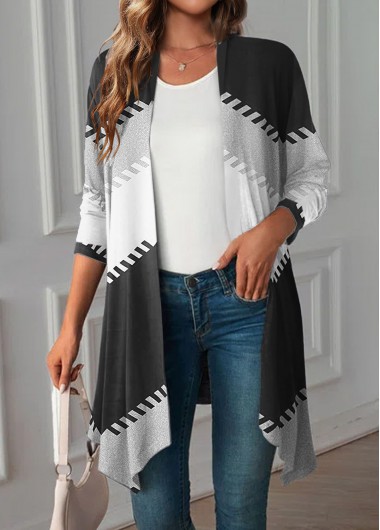 Black plus size,Geometric plus size,ROTITA Plus Size Handkerchief Hem Black Geometric Print Cardigan