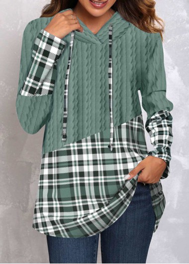 Sage Green plus size,Plaid plus size,ROTITA Plus Size Sage Green Tartan Print Hooded Hoodie