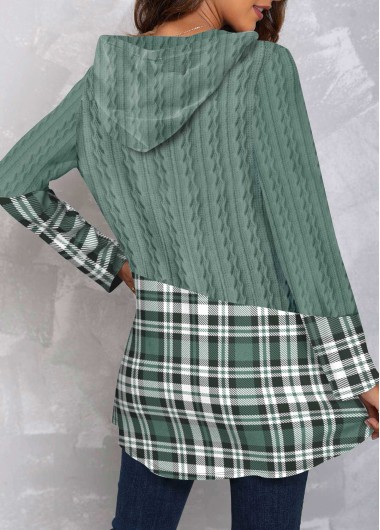 Sage Green plus size,Plaid plus size,ROTITA Plus Size Sage Green Tartan Print Hooded Hoodie